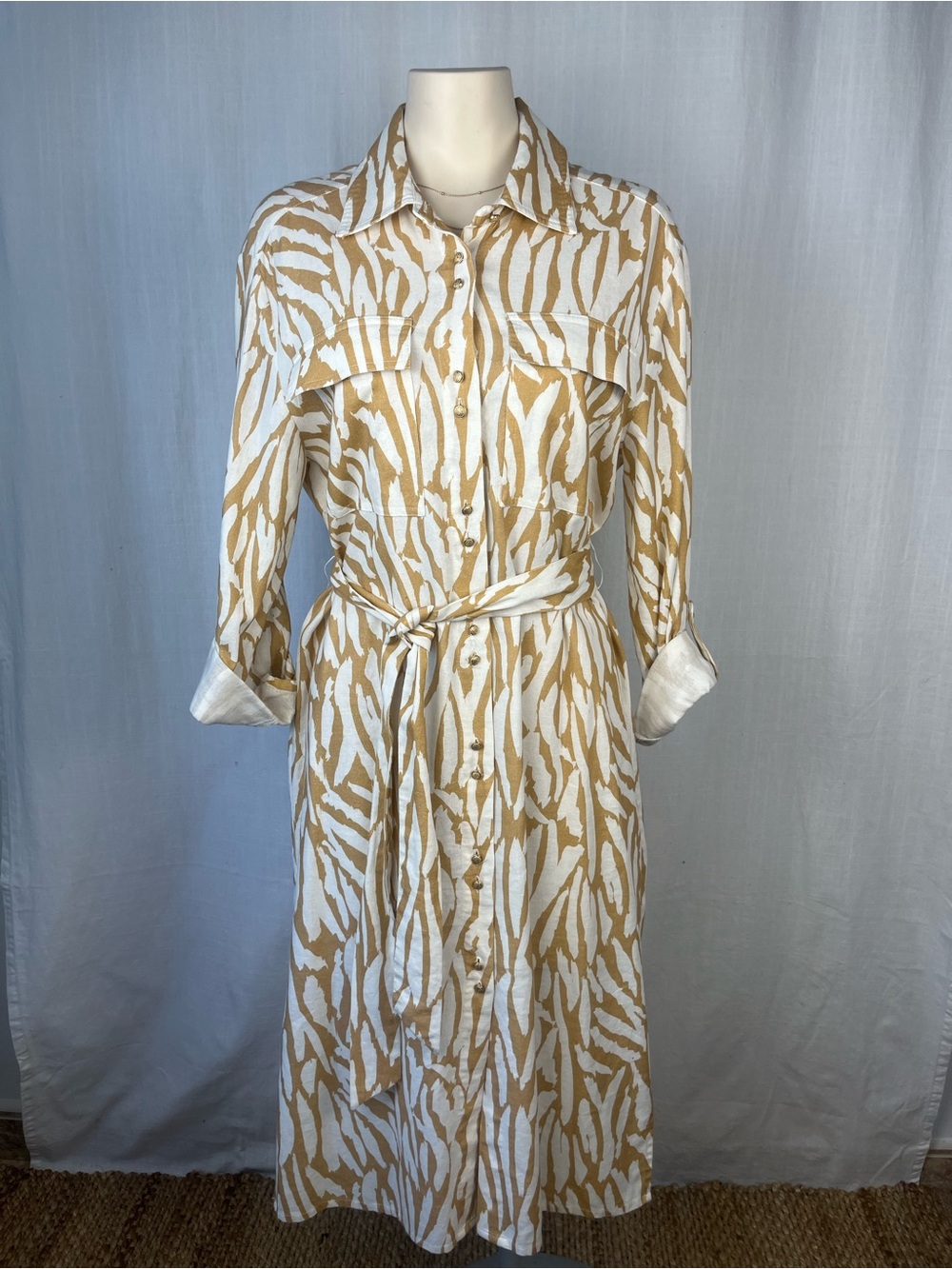 Belted Long-Sleeve Shirt Dress in Cream & Tan Zebra Print.Size:Large